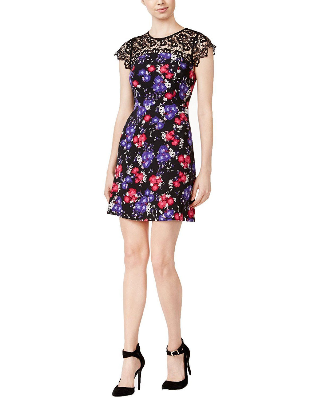 Kensie Junior's Floral-Print Lace-Contrast Dress, Black, XS