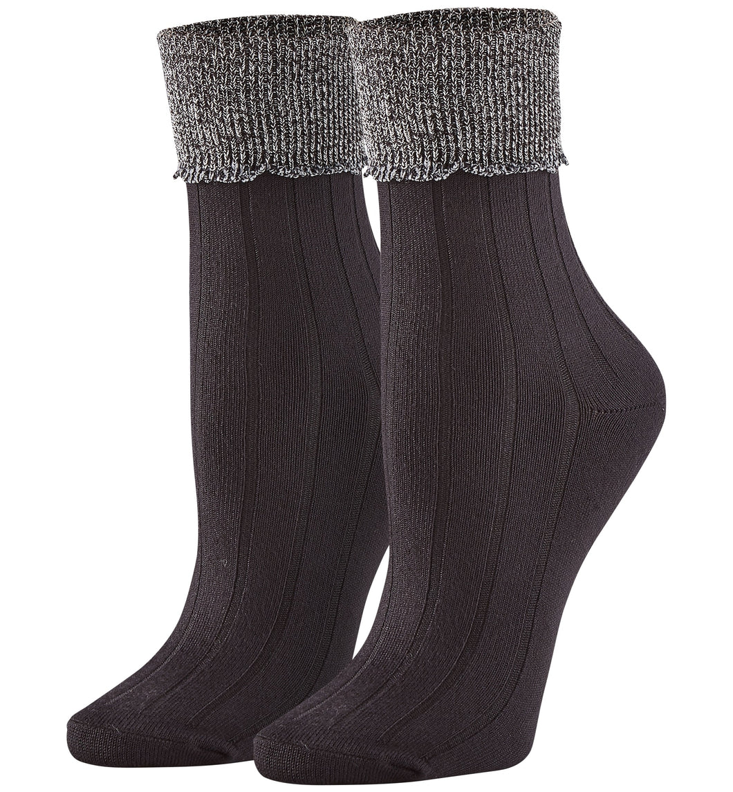 HUE Women's Scalloped Turncuff  So Soft Sock 3 Pair Pack, Black/White