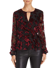 Load image into Gallery viewer, Parker Kat Women's V-Neck Velvet Burnout Peplum Top, Black/Red, XXS
