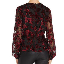 Load image into Gallery viewer, Parker Kat Women's V-Neck Velvet Burnout Peplum Top, Black/Red, XXS

