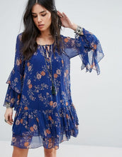 Load image into Gallery viewer, Free People Women&#39;s Floral Frill Tiered Swing Mini Dress, Blue, S
