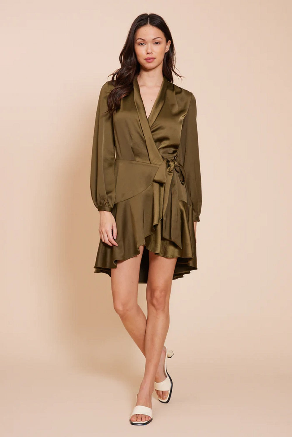 Lucy Paris Women's Adonia Olive Satin Wrap Dress, Olive Green