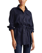 Load image into Gallery viewer, LAUREN Ralph Lauren Women's Belted Linen Shirt, Lauren Navy, L
