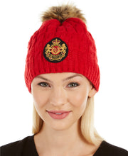 Load image into Gallery viewer, Ralph Lauren Women's Cable Knit Faux-Fur Pom-Pom Logo Patch Hat, Red
