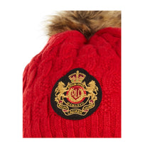 Load image into Gallery viewer, Ralph Lauren Women's Cable Knit Faux-Fur Pom-Pom Logo Patch Hat, Red
