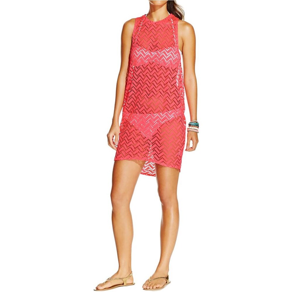 Miken Women's Crochet Racerback Dress Swim Cover-Up, S, Pink