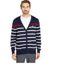 Load image into Gallery viewer, Nautica Men's Striped V-Neck Button Cotton Classic fit Cardigan, Blue, Small
