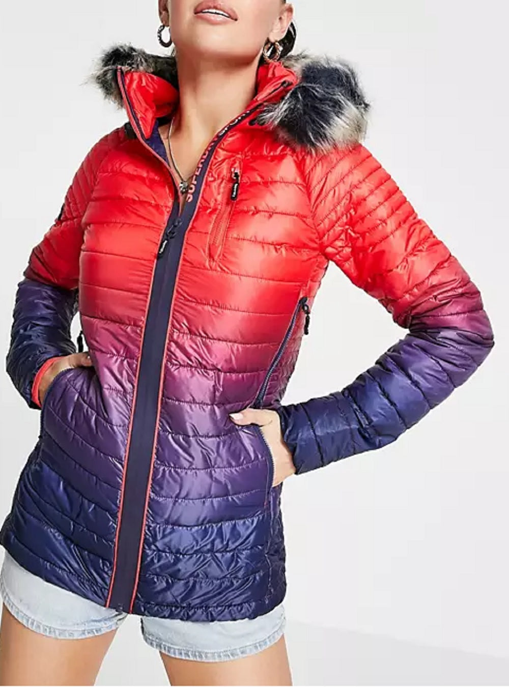 Superdry Women's Sport Power Ombre Padded Hoodie Jacket, Ink/Red, XS